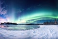 panoramic northern lights over a peaceful snowy landscape