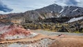 Panoramic over Landmannalaugar, Iceland, old Mount volcano and colorful sulfur vent. Beautiful Icelandic landscape of