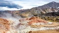 Panoramic over Landmannalaugar, Iceland, old Mount volcano and sulfur vent. Beautiful Icelandic landscape of colorful