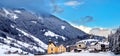 Panoramic overview church snowy valley beautiful winter sunny day Trentino Alto Adige Italy