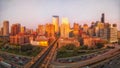 Panoramic perspective of Chicago`s West Loop during golden hour with traffic. Royalty Free Stock Photo