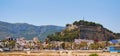 Panoramic photo on blue sky background ancient famous Denia Castle located on rocky hilltop mountain