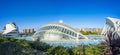 Panoramic photo of the buildings Palau de les Arts, L`Hemisferic and Museu de les Ciencies Principe Felipe in Valencia, Spain