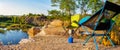 Panoramic photo of camping spot on canyon landscape Royalty Free Stock Photo