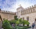 Panoramic photo of the courtyard of the silk trading building `La lonja de la Seda` in Valencia, Spain