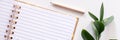Panoramic photo of an empty open lined notebook with green leaves and a wooden pencil on a white background Royalty Free Stock Photo