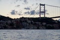 Panoramic photo of the Istanbul Bosphorus. The landscape of Istanbul is a beautiful sunset with clouds. Silhouette