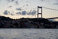 Panoramic photo of the Istanbul Bosphorus. The landscape of Istanbul is a beautiful sunset with clouds. Silhouette