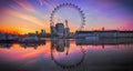 Panoramic photo London Eye Reflection with Sunrise City Thames river