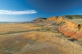 Panoramic photo of the massive multicolored m simulation mountain range in outback australia, vast flat plains below red and yell Royalty Free Stock Photo
