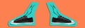 Panoramic photo of pair of shoes contoured with blue color on orange background. Artwork collage concept.