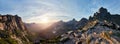 Panoramic photo of the spring mountain valley natural Park Ergaki, Russia. Fabulous sunrise and sunset in the mountains, amazing Royalty Free Stock Photo