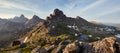 Panoramic photo of the spring mountain valley natural Park Ergaki, Russia. Fabulous sunrise and sunset in the mountains, amazing Royalty Free Stock Photo