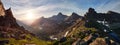 Panoramic photo of the spring mountain valley natural Park Ergaki, Russia. Fabulous sunrise and sunset in the mountains, amazing Royalty Free Stock Photo