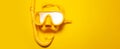 Panoramic photo of yellow diving mask with snorkel, on yellow background with copy space. Royalty Free Stock Photo