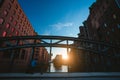 Panoramic Photograph capture sunset on massive steel construction of Poggenmoehlenbruecke bridge near the Wasserschloss