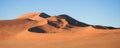 A panoramic photograph of the geometric shapes of the sand dunes