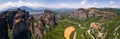 Panoramic Photography Concept. Aerial view of famous Greek monasteries perched on the edge of sandstone peaks.