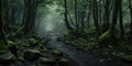 panoramic photography of a dark spooky forest path. foggy fantasy woods. Royalty Free Stock Photo