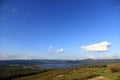 Panoramic picture. Below is a large pond with bright bluesky and clouds background and trees naturally