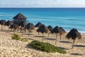 Panoramic picture of the dolphins beach on a sunny day in the hotel zone of Cancun Mexico. It is a tropical paradisiacal beach. Royalty Free Stock Photo