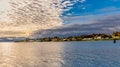 Panoramic picture of lakefront houses facing Lake Michigan during sunset. Shot from Wawatam lighthouse