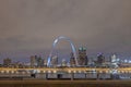 Panoramic picture over the skyline of St. Louis and Mississippi river with Gateway Arch at night Royalty Free Stock Photo