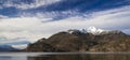 Panoramic picturesque mountain landscape Norway north European scenic view nature environment winter time snowy peak peaceful lake