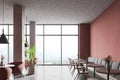 Panoramic pink loft restaurant interior