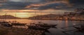 Panoramic of Porto cityscape in sunset with river on the front and wine carrier ship in  foreground and city of Porto in Royalty Free Stock Photo