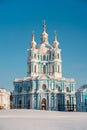 Panoramic postcard view of the Smolny Cathedral in winter, Saint-Petersburg