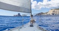 Panoramic prow of a sailboat navigating in the mediterranean sea