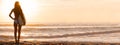 Woman Bikini Surfer & Surfboard Sunset Beach Panorama Royalty Free Stock Photo