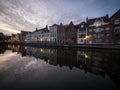 Panoramic reflection view of river canal channel in historic city center Bruges West Flanders Flemish Belgium Europe