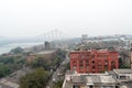 Panoramic riverside Kolkata city life in a winner foggy evening. Ariel view Kolkata in Hooghly riverbank West Bengal India South