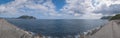 Panoramic of the rock of Santona and the Cantabrian Sea with a spectacular blue sky