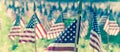 Panoramic row of lawn American flags display on green grass on Memorial Day in Dallas, Texas, USA Royalty Free Stock Photo