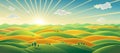 Panoramic rural landscape, sunrise over fields. Royalty Free Stock Photo