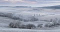 Panoramic Rural Landscape With Wavy Plowed Fields, Trees In Hoarfrost And Old Windmill In Morning Fog. Winter Arable Land. Beautif Royalty Free Stock Photo