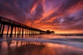 Panoramic scene of an aged pier on the ocean during the sunset