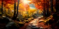 panoramic scene of an enchanting autumnal forest, with a meandering path leading into the depths of the golden foliage