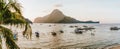 Panoramic scene of trip tourist boats come back in El Nido at evening sunset light. Palawan, Philippines. Cadlao island Royalty Free Stock Photo
