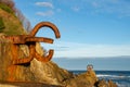 Panoramic of sculptures of the comb of the Wind, at sunrise with blue sky, horizontally, in San Sebastian