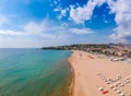 Panoramic sea landscape with Gaeta, Lazio, Italy. Scenic historical town with old buildings, ancient churches, nice sand beach and Royalty Free Stock Photo