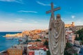 Panoramic sea landscape with Gaeta, Lazio, Italy. Scenic historical town with old buildings, ancient churches, nice sand beach and