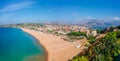 Panoramic sea landscape with Gaeta, Lazio, Italy. Scenic historical town with old buildings, ancient churches, nice sand beach and Royalty Free Stock Photo