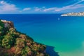 Panoramic sea landscape with Gaeta, Lazio, Italy. Scenic historical town with old buildings, ancient churches, nice sand beach and Royalty Free Stock Photo