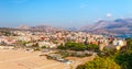 Panoramic sea landscape with Gaeta, Lazio, Italy. Scenic historical town with old buildings, ancient churches, nice sand beach and Royalty Free Stock Photo