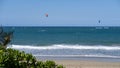 Panoramic sea view with kitesurfing sails. people enjoy riding a kitesurfing board on a bright sunny day, by the sea or Royalty Free Stock Photo