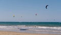 Panoramic sea view with kitesurfing sails. people enjoy riding a kitesurfing board on a bright sunny day, by the sea or Royalty Free Stock Photo